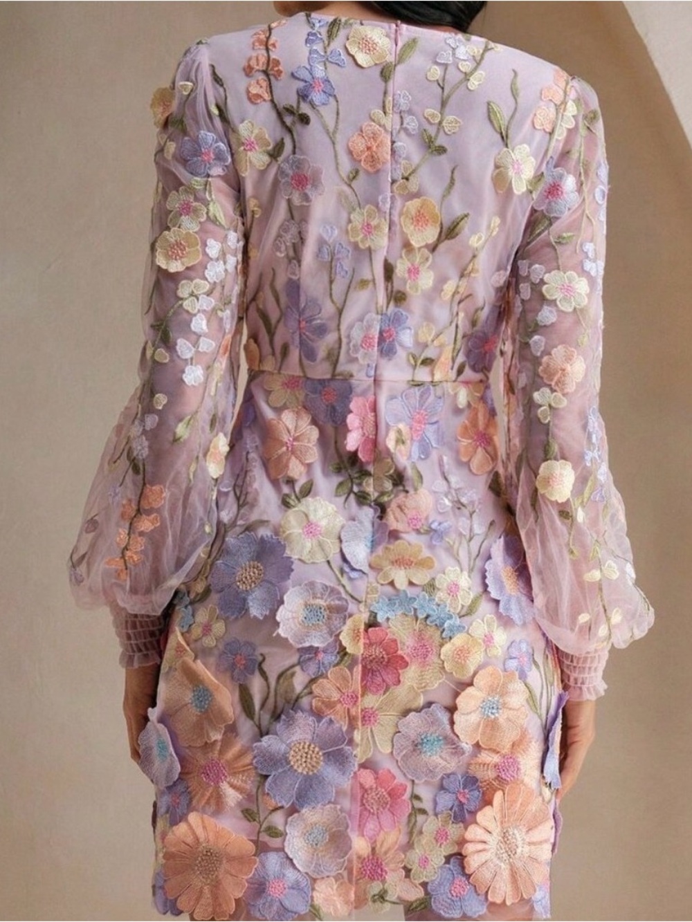 Pink Boho Women's Elegant Floral Embroidery Mesh Dress with Lantern Sleeve